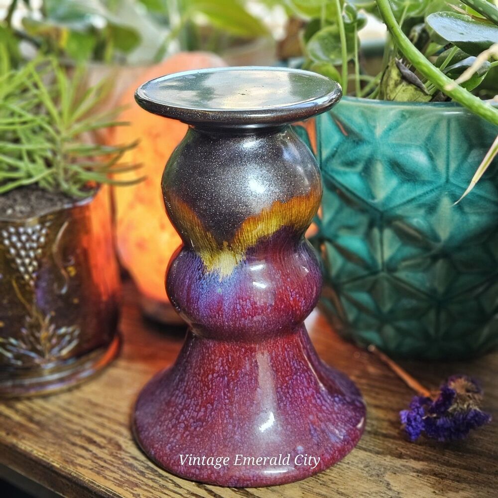 Vtg Chinese Flambe' Glaze Ceramic Pottery Candle Stand Plant Pot Holder Purple